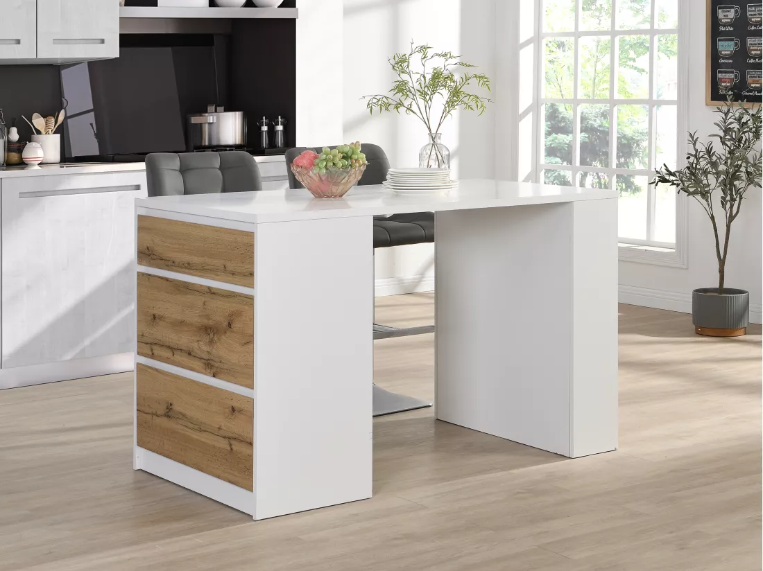 Ilot central de cuisine avec 3 tiroirs et 8 niches en MDF - Blanc et Naturel clair - PALESTRINA