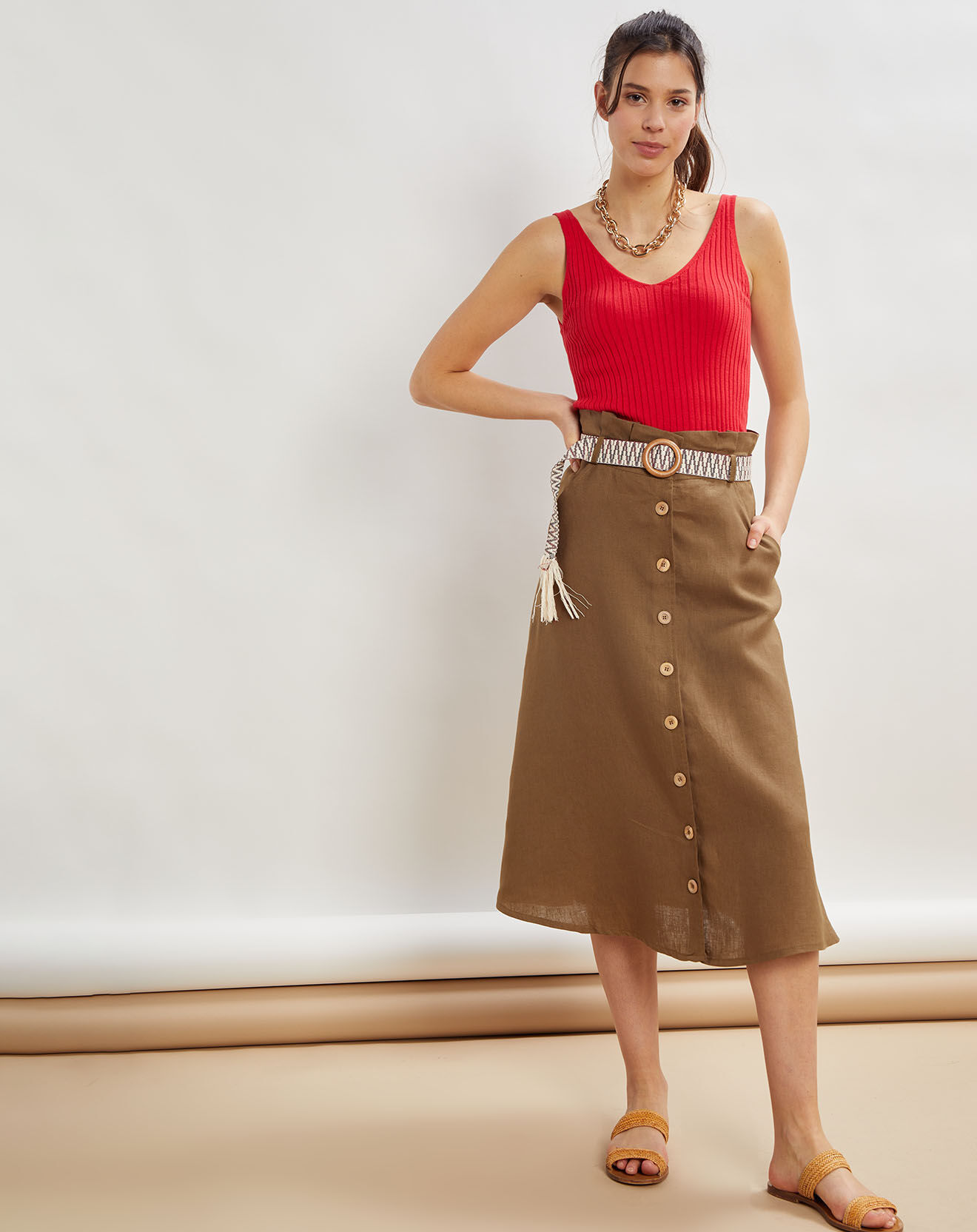 La Petite Francaise Jupe 100% Lin Josselin kaki