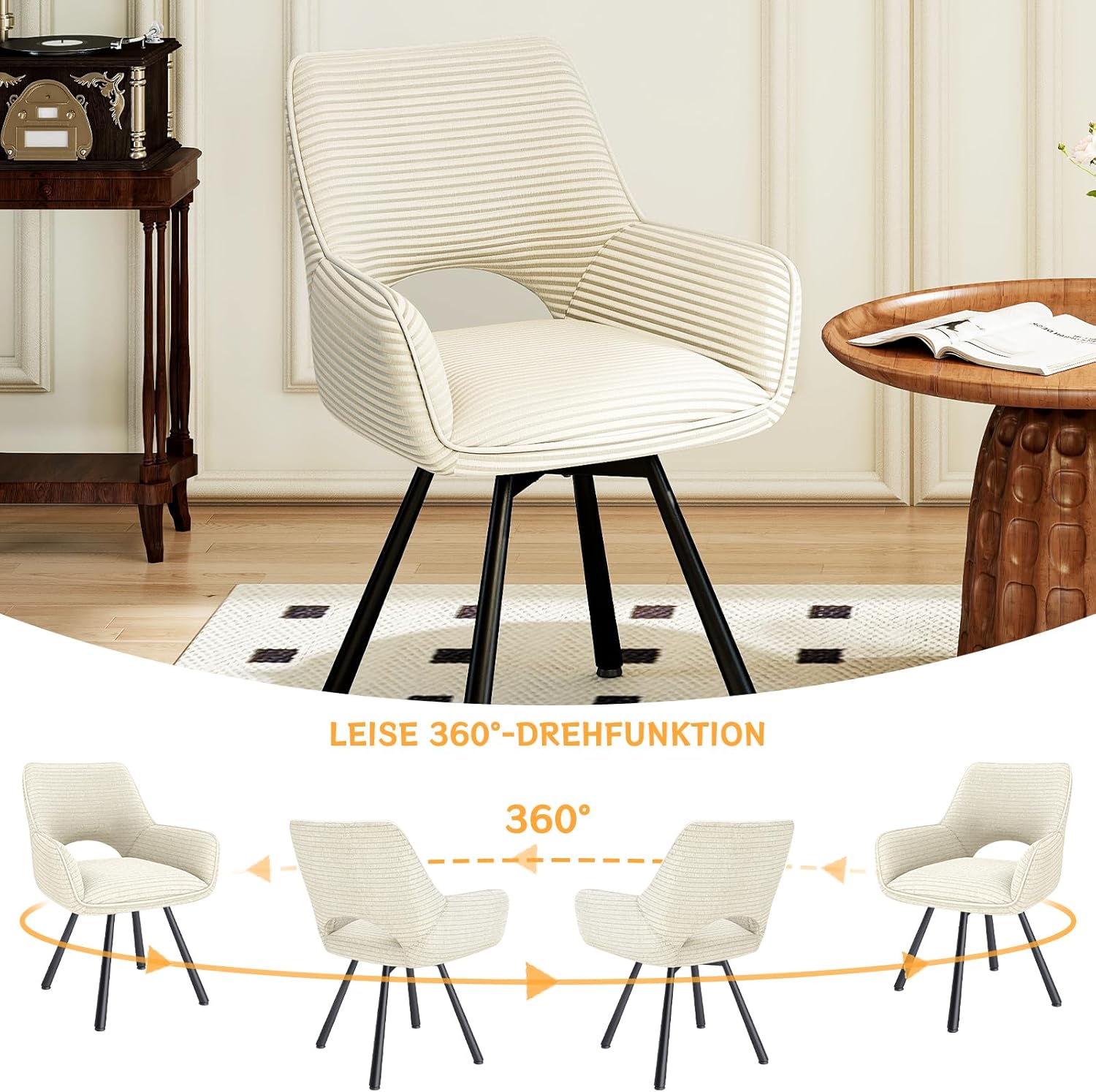 Esszimmerstühle 6er Set Drehbar 360°,Armlehnstuhl mit Metallbeine,geeignet als Stühle Esszimmer,Samt Stuhl,Küchenstühle,Wohnzimmerstuhl,Polsterstuhl mit Samtigem Gefühl,Beige