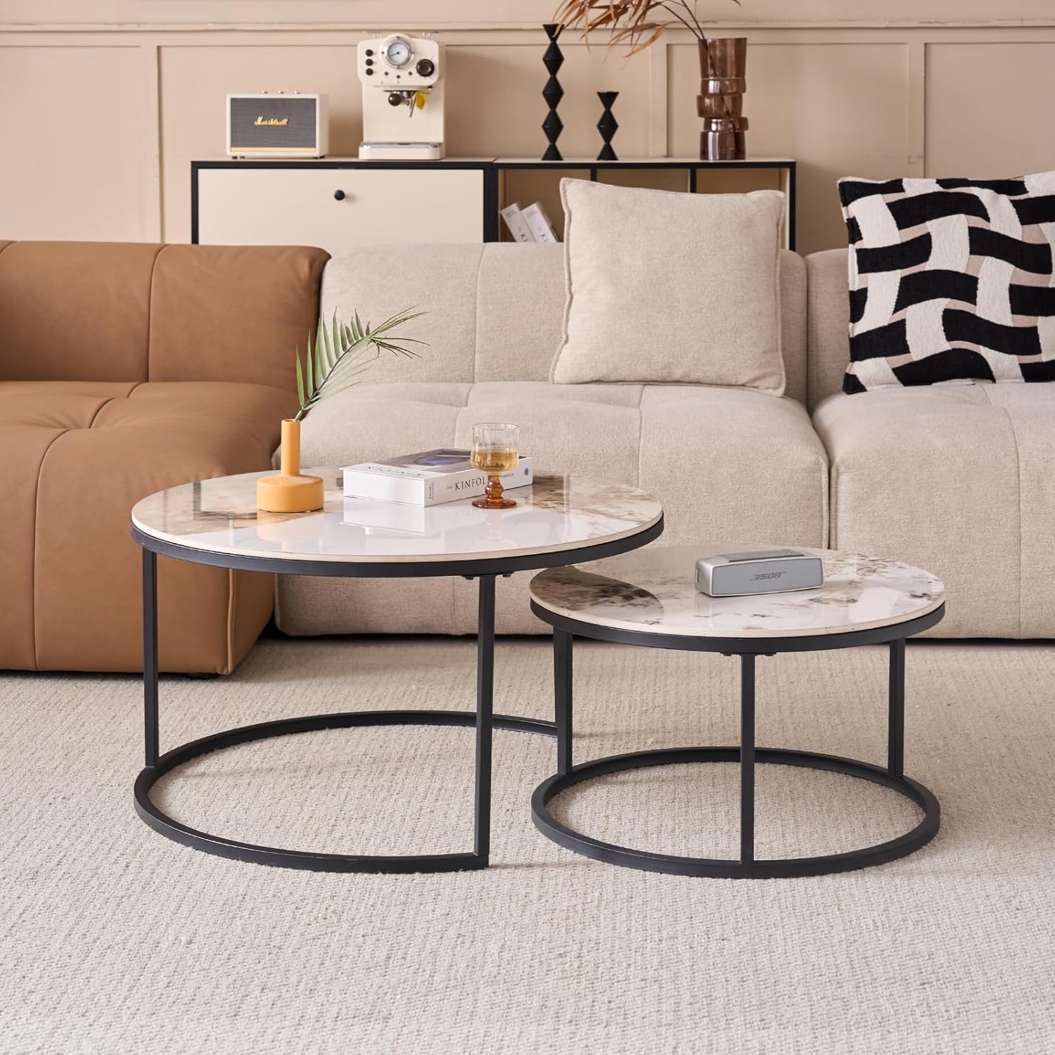 2er-Set Runder Couchtisch, Pandora Sinterstein Wohnzimmer-Beistelltisch, Nordischer Couchtisch – Schwarzer Metallrahmen