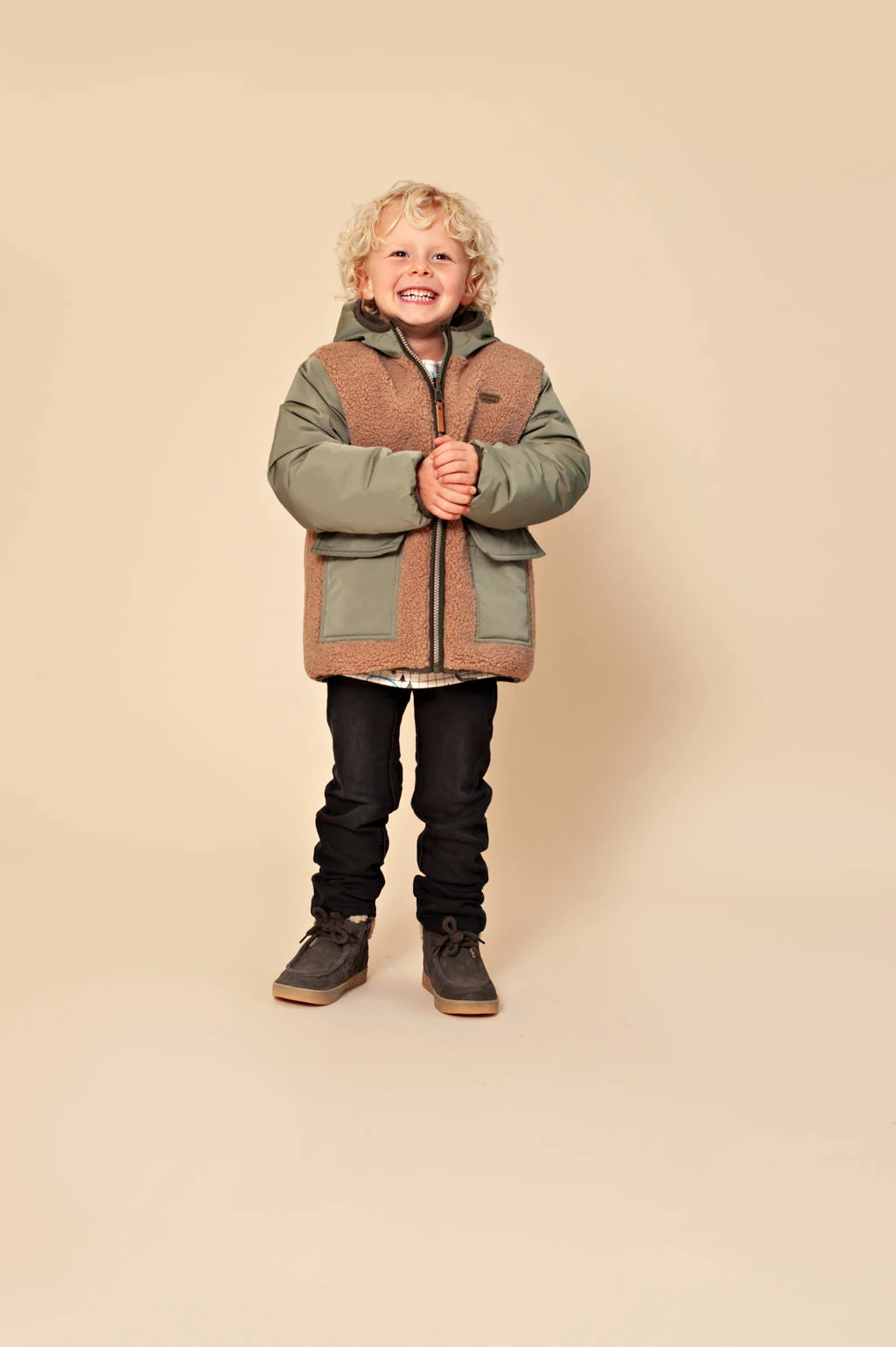 Stains&Stories reversible coated teddy winterjas groen/beige