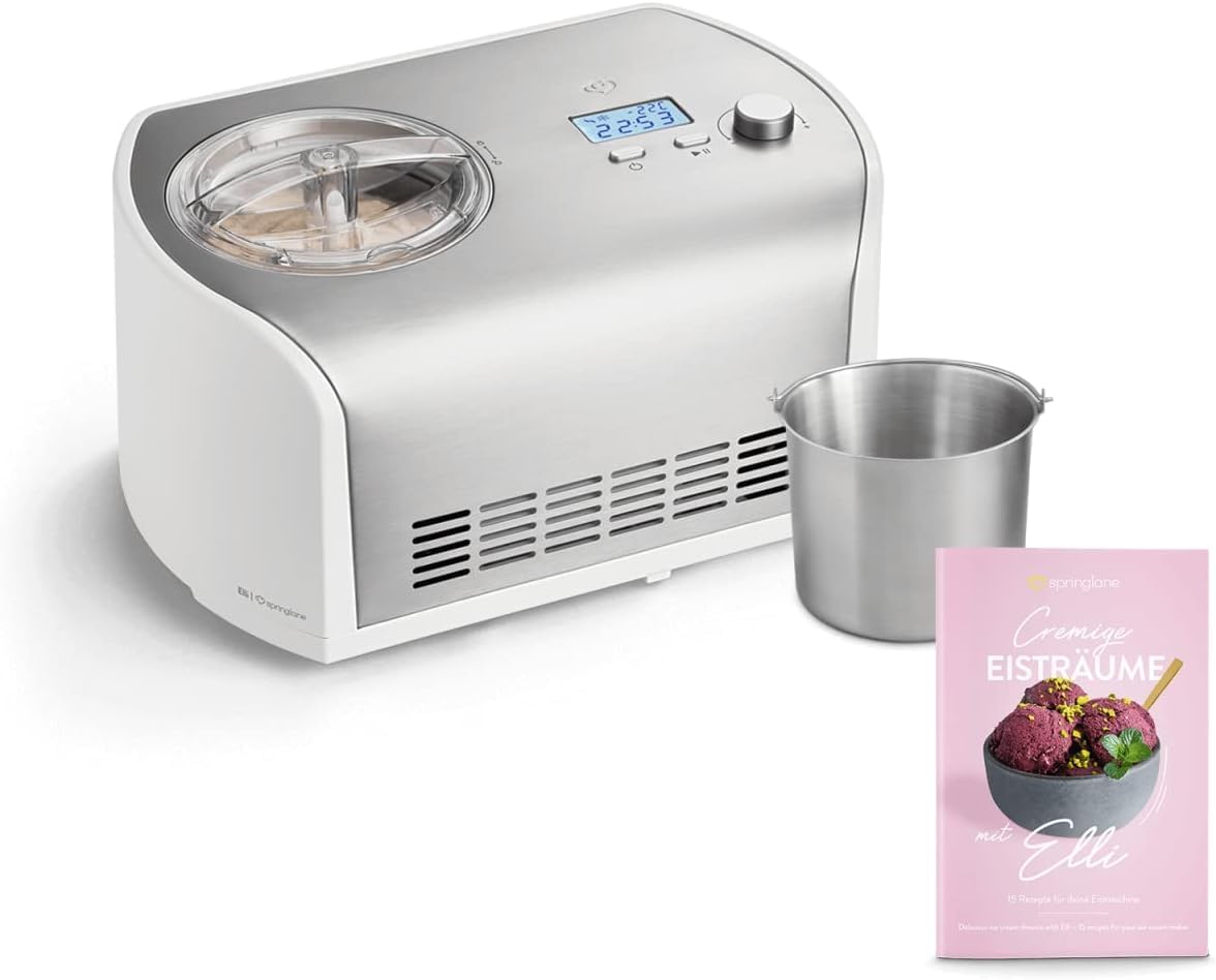 SPRINGLANE Eismaschine Elli 1,2 L mit selbstkühlendem Kompressor 135 W inkl. Edelstahl Zusatzbehälter, Eiscrememaschine aus Edelstahl mit entnehmbarem Eisbehälter, inkl. Rezeptheft
