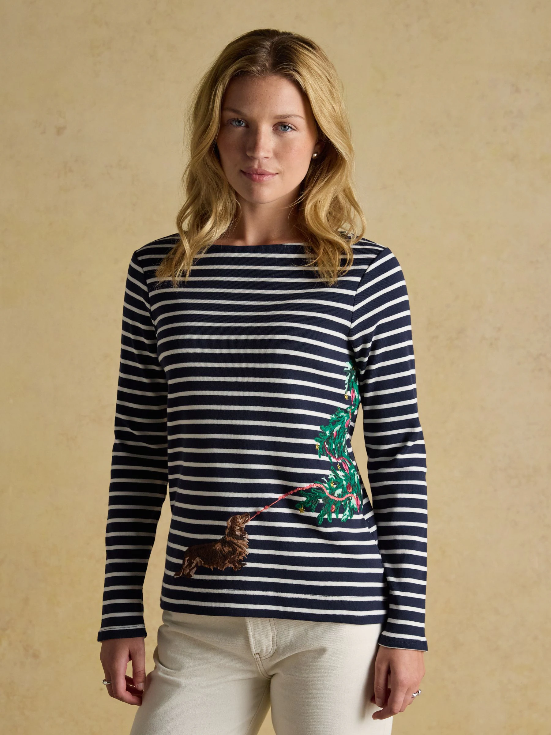 Dog Navy/Cream - Joules Christmas Harbour Boat Neck Breton Top