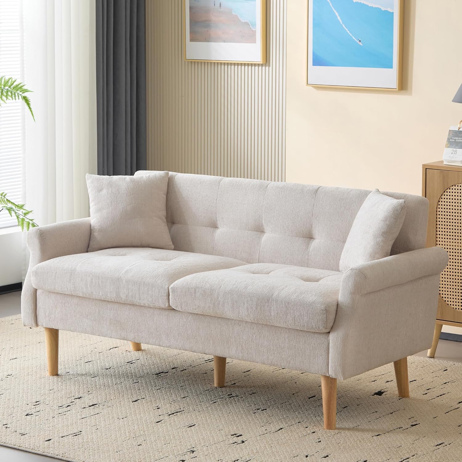 Merax 2 Sitzer Sofa Klein Couch, 162 cm Polstersofa aus Chenille-Stoff Modern Mini Sofa mit dicken Kissen, massiven Holzsofalegs, Doppelsofa für Wohnzimmer/Schlafzimmer/Wohnung, Beige