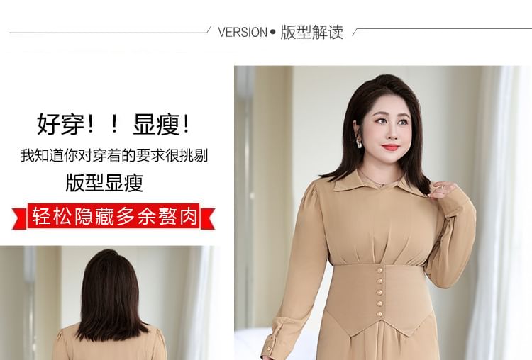 tropibreeze - Plus Size Lange Mouw Kraag Effen Midi A-lijn Jurk