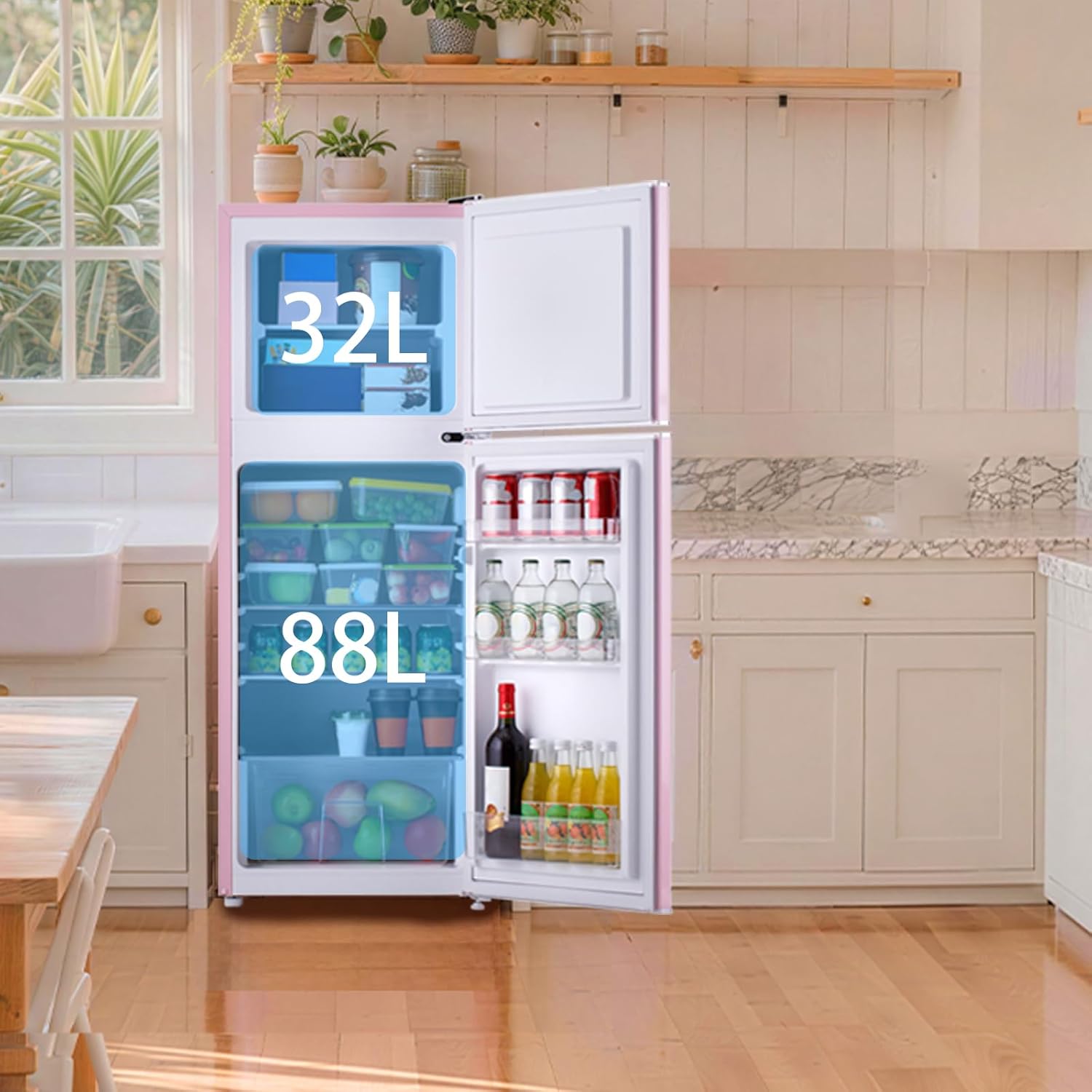 magictec Retro-Kühlschrank mit Gefrierfach | 120L(88L/32L) | Low Frost | Kühl-Gefrier-Kombination | Vintage Design | LED-Beleuchtung | Rosa