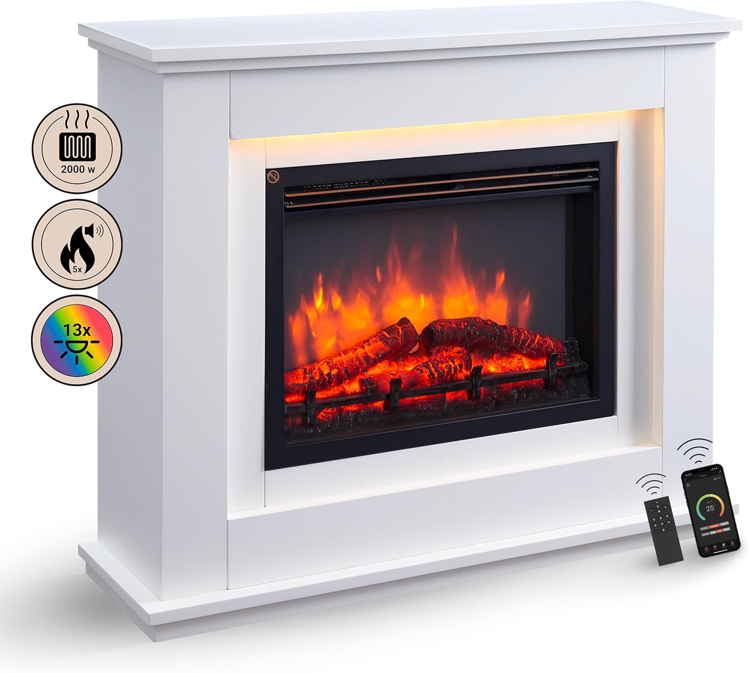 BALDERIA Baldur Elektrokamin - Standkamin mit Heizung bis 2000W, 3D-Flammeneffekt, LED-Beleuchtung, Knister-Sound, App-Steuerung, WiFi, Fernbedienung, Timer, Thermostat - Weiß