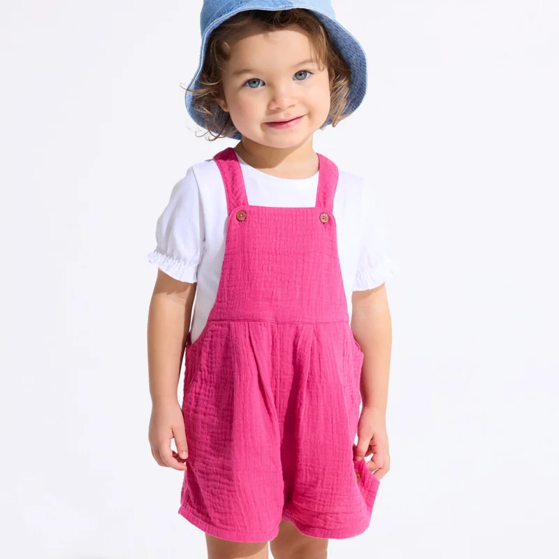 Salopette courte gaze de coton rose bébé fille Rose