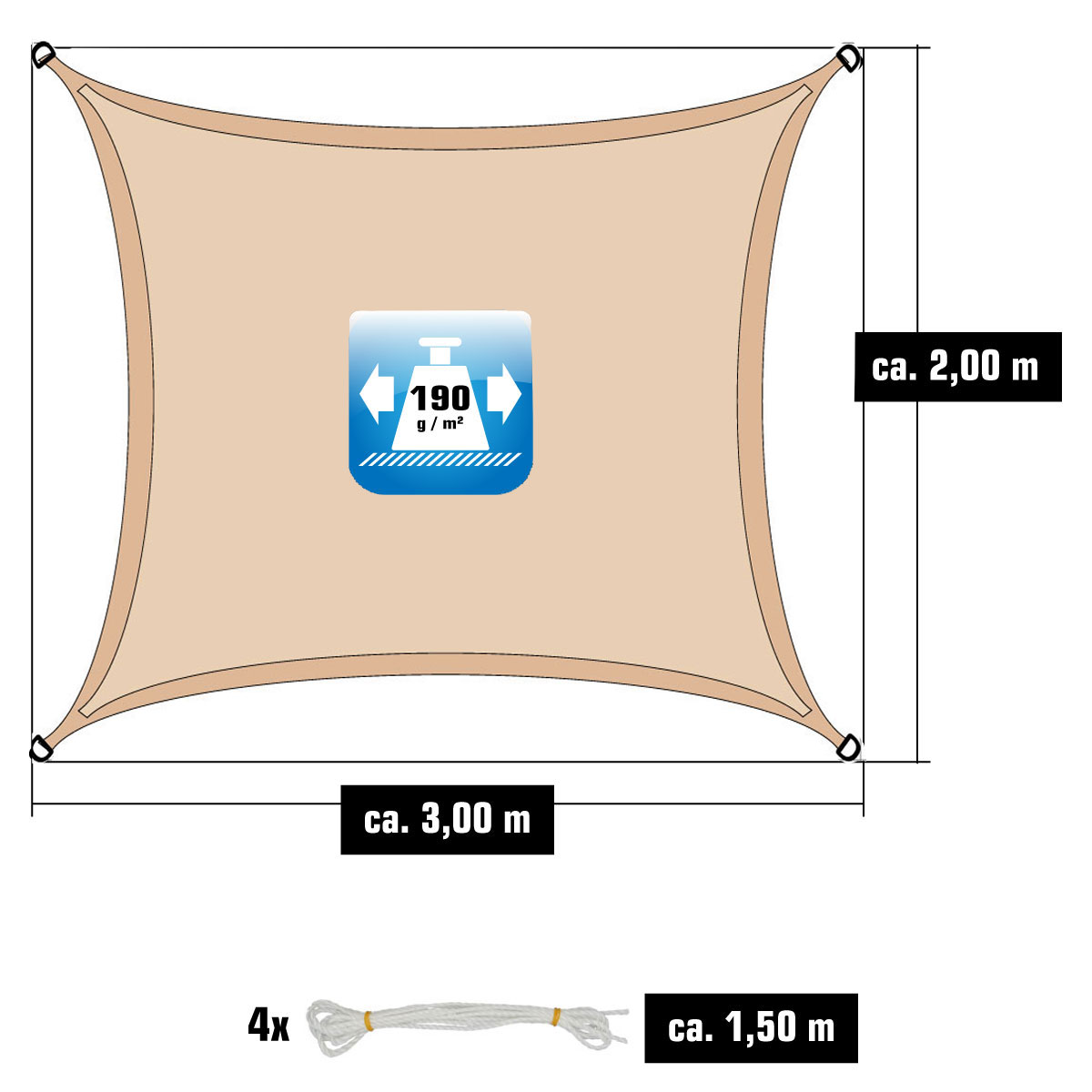 AMANKA 2 x 3 waterdicht schaduwdoek met bevestigingsset - Beige