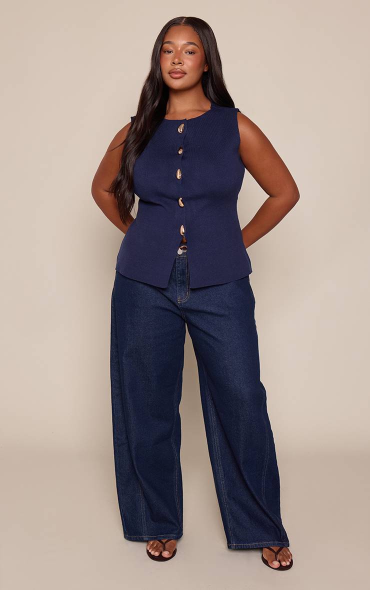 Bleu Marine Gilet Grande Taille En Maille Compacte Boutonné