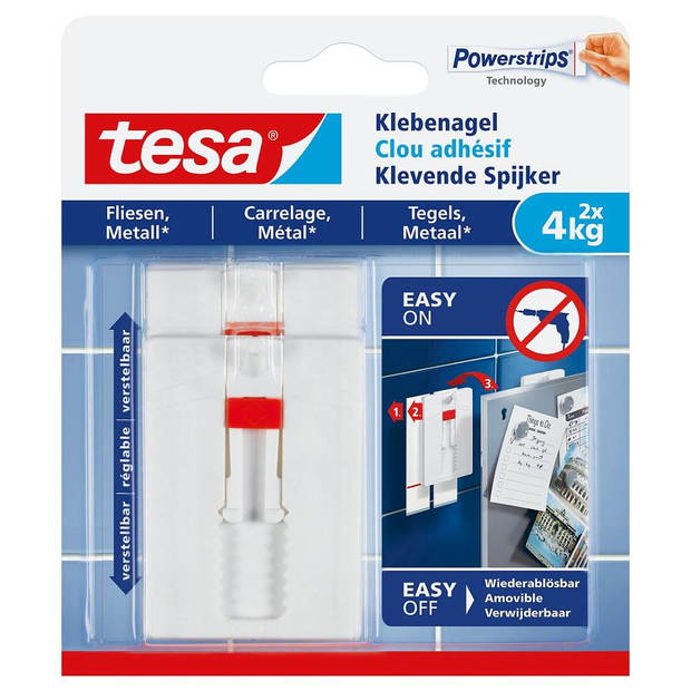 Tesa Klevende Spijker voor Tegels en Metaal, verstelbaar, draagvermogen 4 kg, blister van 2 stuks