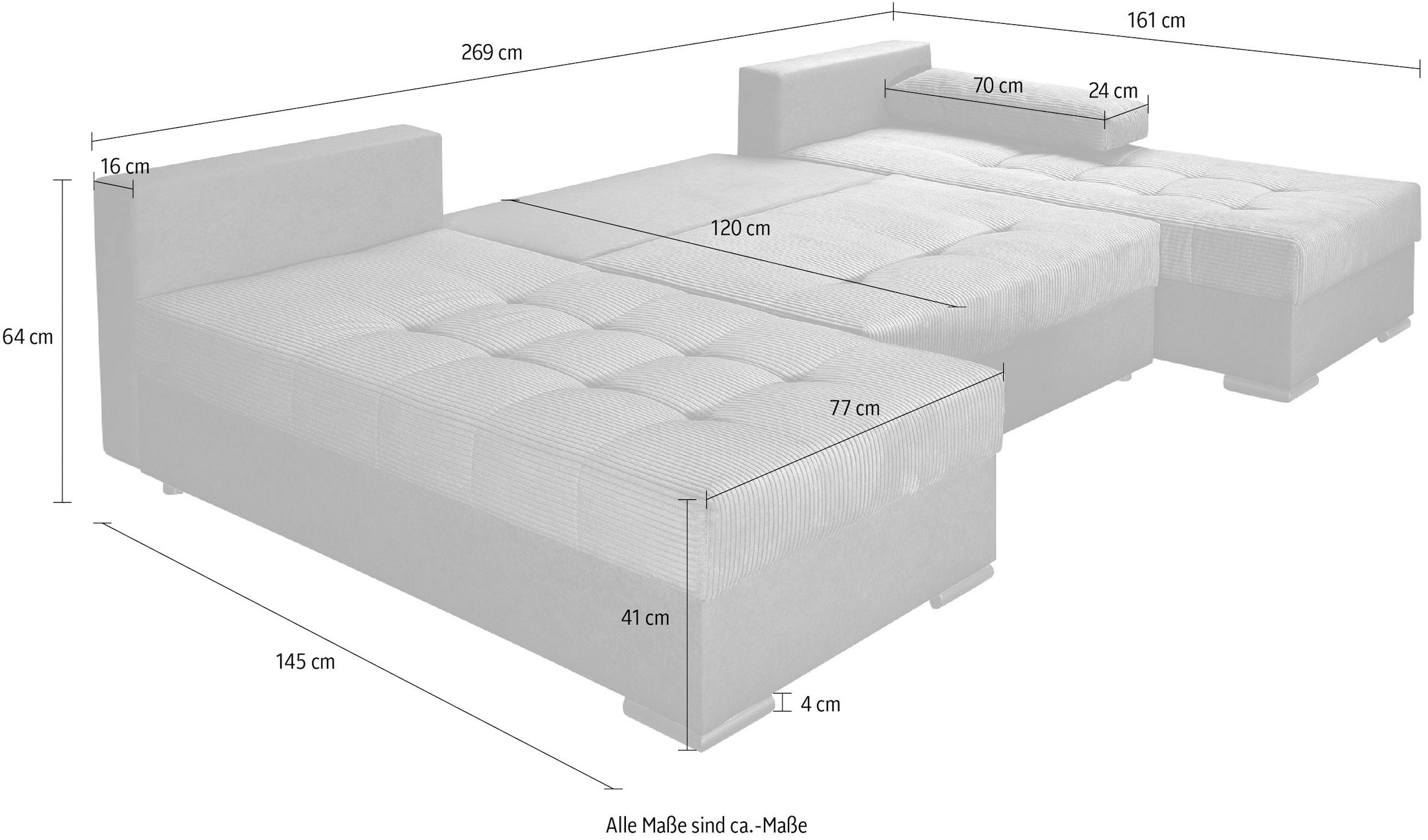 COLLECTION AB Wohnlandschaft »Josy U-Form, B: 269 cm« mit Bettfunktion & Bettkasten, Federkern