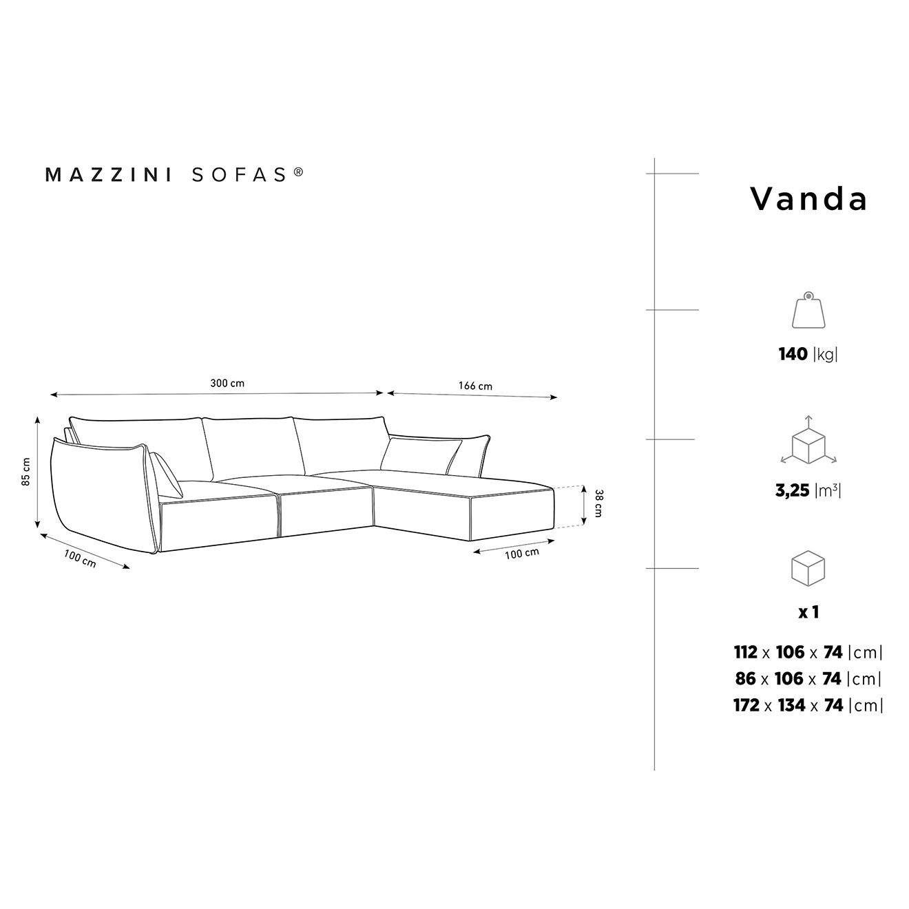 Mazzini Sofas Canapé d'angle droit Velours Vanda 4 Places beige clair - 300x166x85 cm