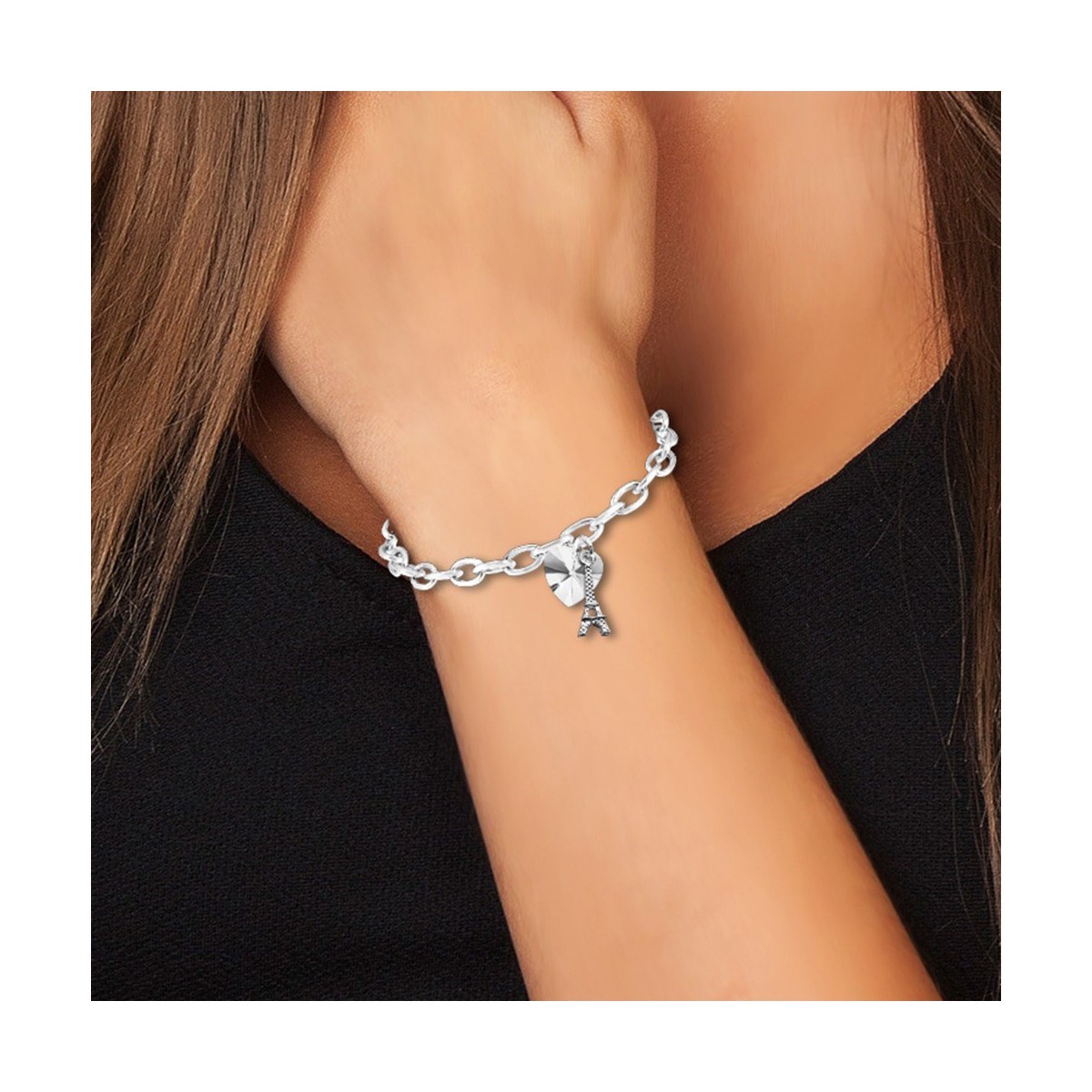 Bracelet coeur et Tour Eiffel SC Crystal orné de Cristaux scintillants
