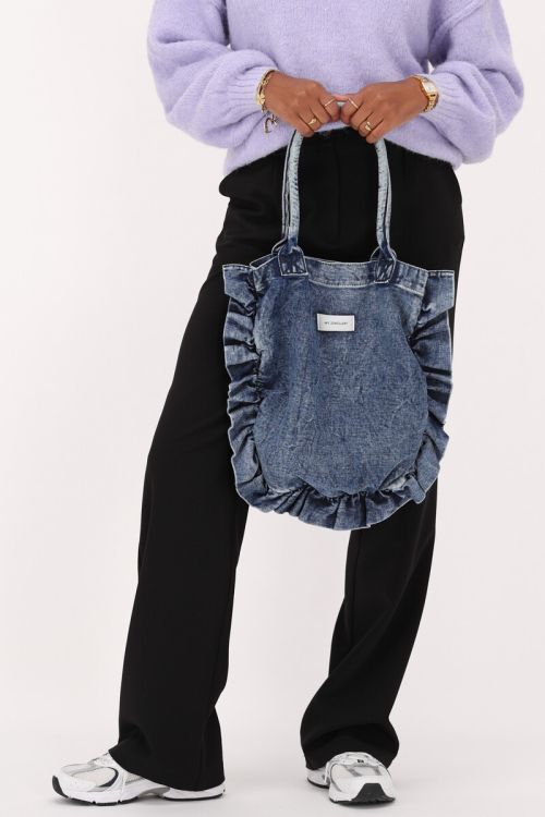 Blauwe denim shopper met ruffles