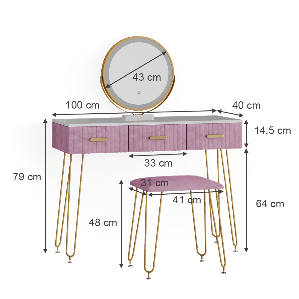 Vicco Schminktisch Frisiertisch Schminkkommode Layla Weiß Rosa LED-Spiegel Design-Hocker 100x79 cm modern Schlafzimmer Kommode Schublade Ablage Aufbewahrung Touch-Switch Kosmetiktisch Make-Up-Tisch