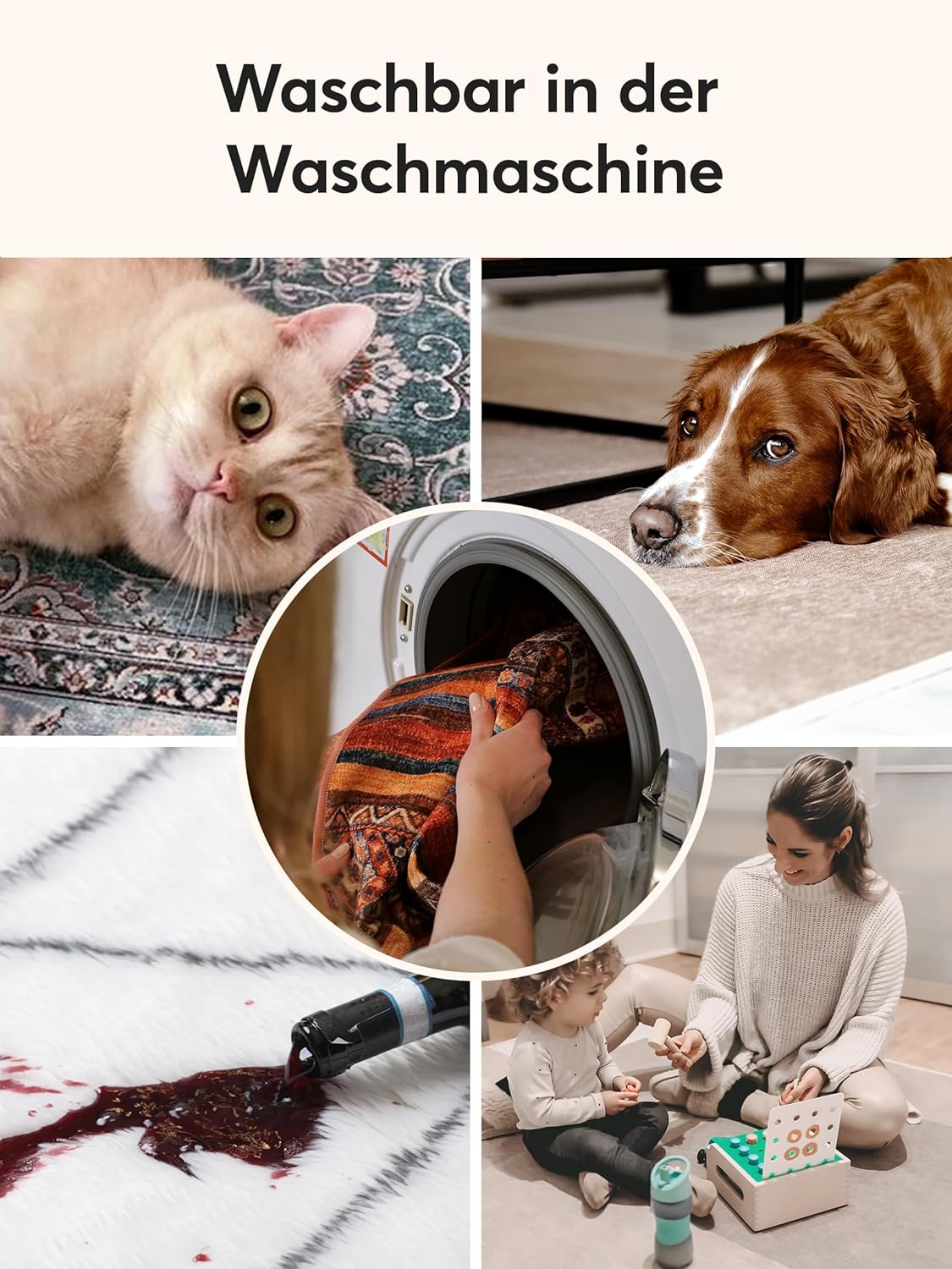 Teppana Waschbarer Teppich Modern - Ban - Aquarell - Fleckenabweisend - Familien- & Haustierfreundlich - Maschinenwaschbar - rutschfest - 140 x 200 cm