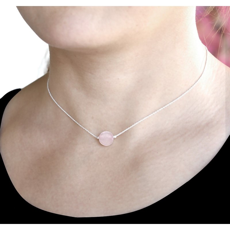 Collier ras du cou en argent 925 rhodié avec pierre naturelle 10mm - Quartz Rose