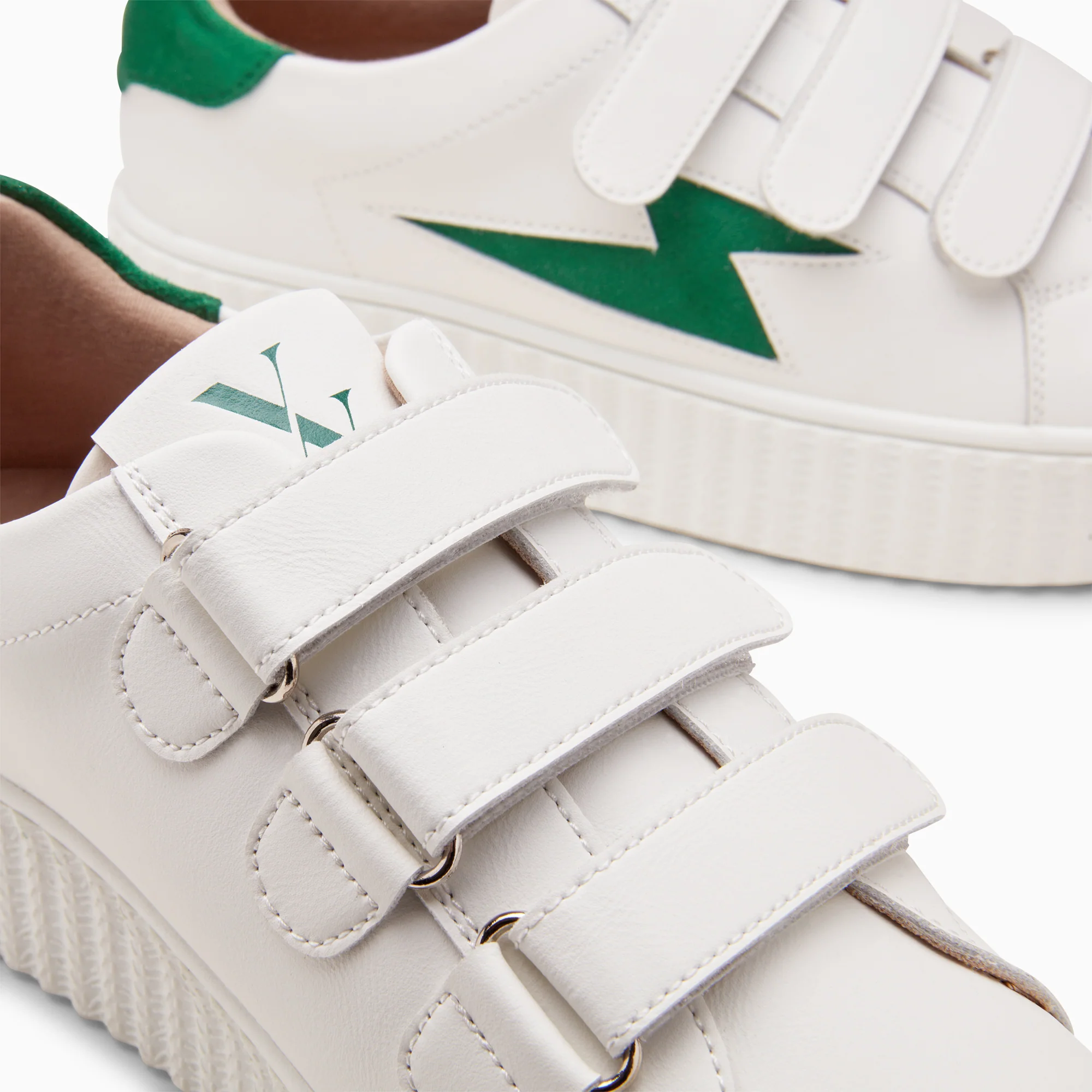 Sneakers-Baskets éclair Kim blanc et vert foncé à scratchs