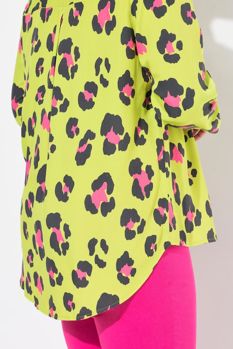 Bluse, A-Linie, farbiges Leomuster, Langarm