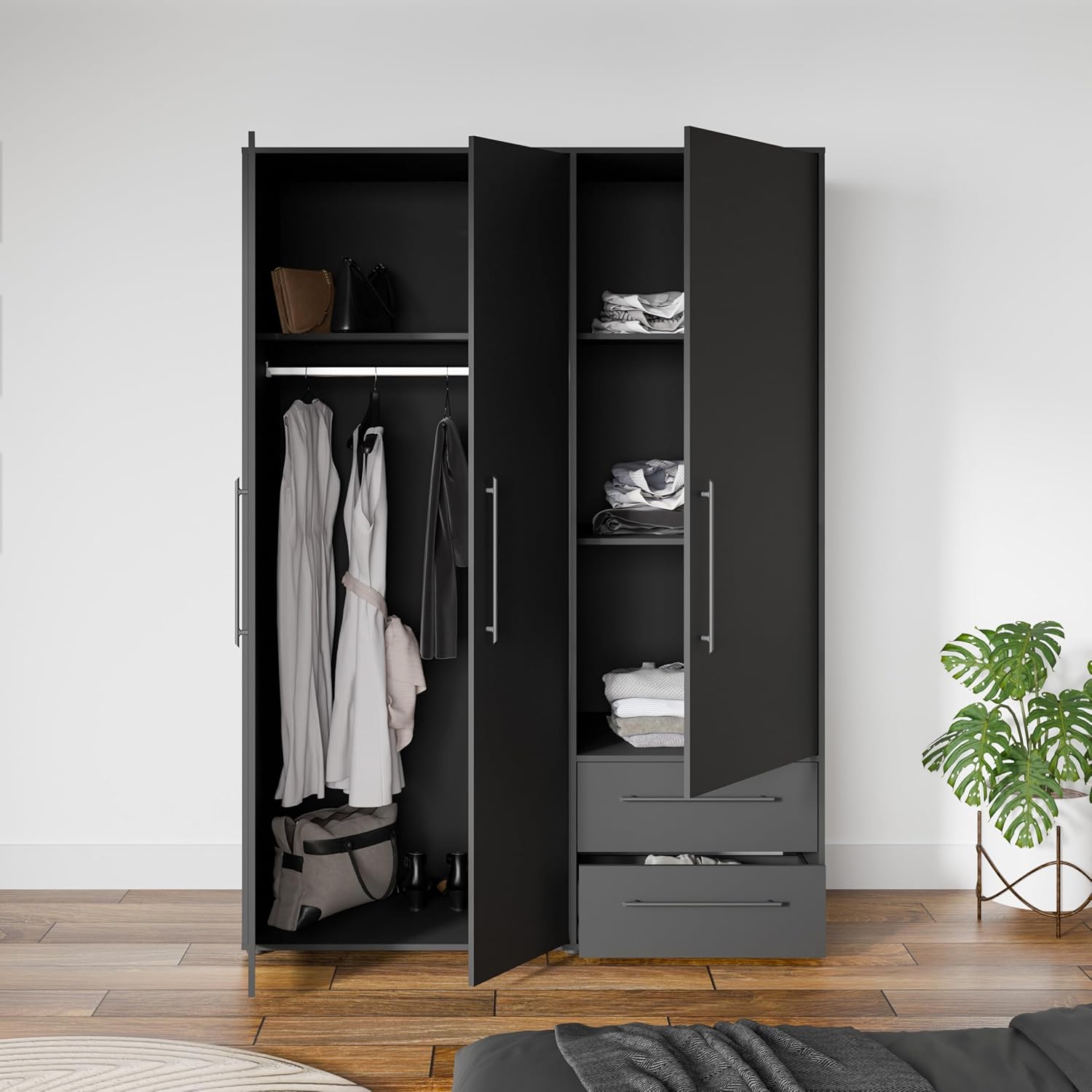 Forte Jupiter Kleiderschrank 140 150, 3-türiger Drehtürenschrank mit 2 Schubladen, Einlegeböden, Kleiderstange, Holzwerkstoff, Schwarz Matt, 144,4 cm breit, 200,1 cm hoch, 58,8 cm tief