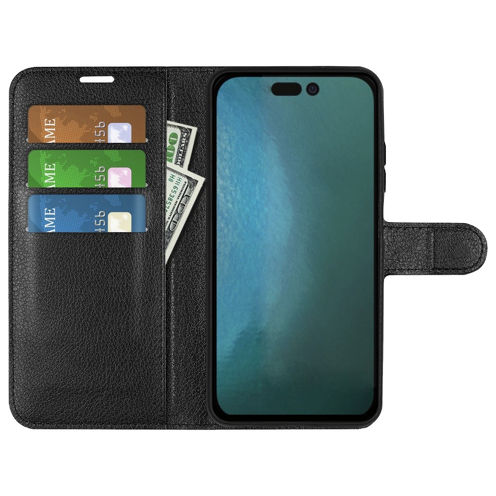 iPhone 14 Pro Leder Tasche Flip Cover Litchi Look - Schwarz