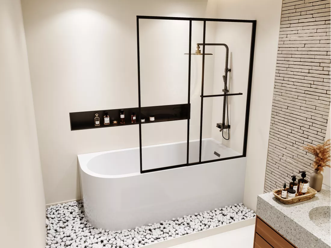 Baignoire douche blanche avec pare baignoire coulissant - 240 L - Angle droit - ANIKA