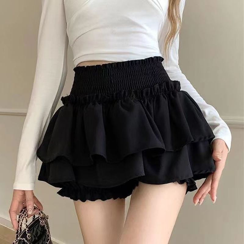 Everose - Hoge taille, effen, geplooide mini-A-lijn gelaagde rok