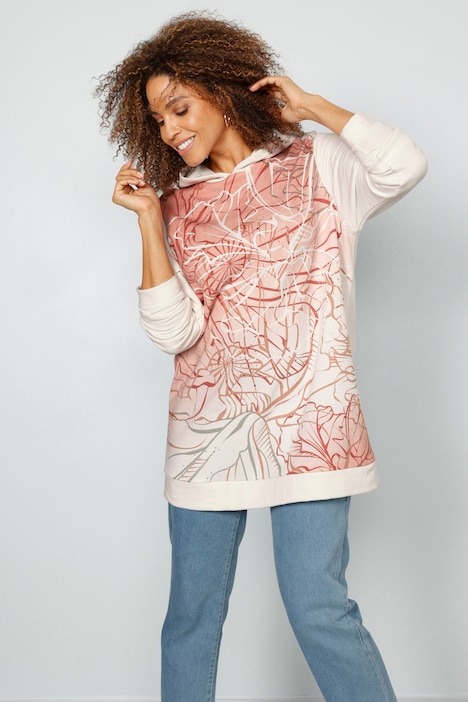 Hoodie, floraler Druck vorne, Kapuze