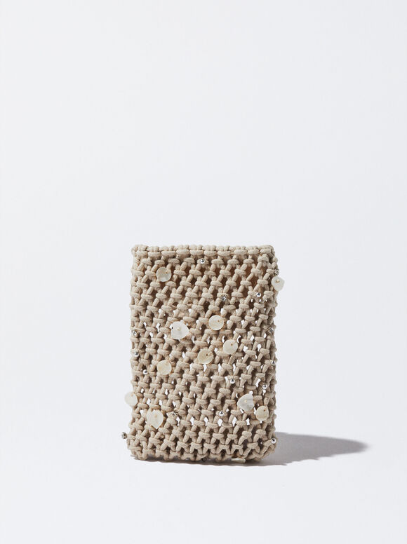 Bolsa de crochê para celular com conchas - Bege