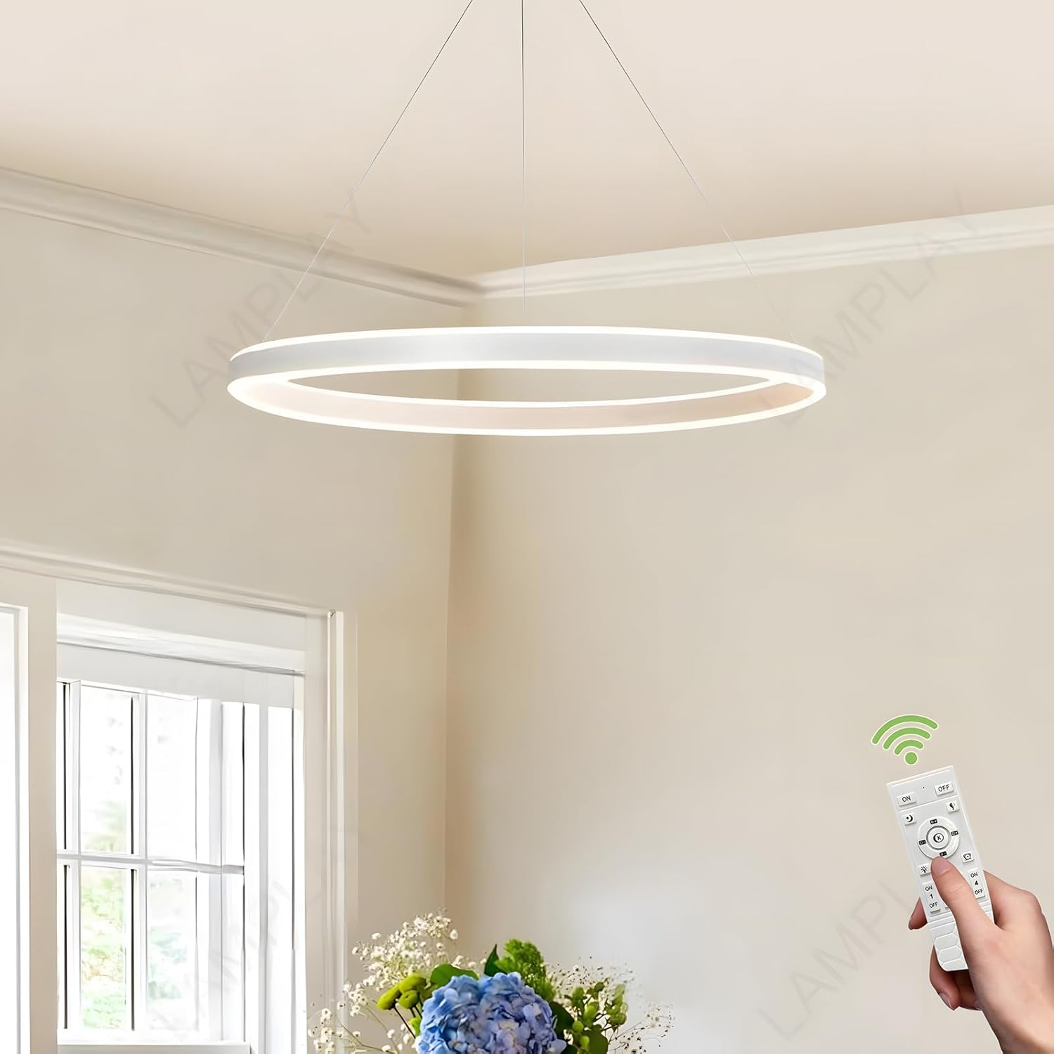 Runde Moderne LED-Pendelleuchte, 1 Weiß Ring-Kronleuchter, Dimmbar Mit Fernbedienung 3000K-6000K Deckenleuchte, Höhenverstellbar, Foyer, Wohnzimmer, Schlafzimmer, Esszimmer(Ø60cm)