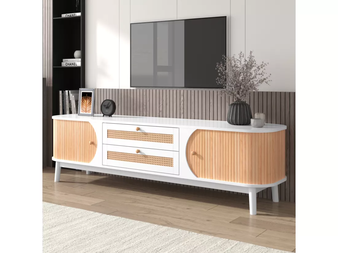 Meuble TV 170x39.5x46cm - Meuble TV en bois avec portes et tiroirs en rotin style maison de campagne pour rangement - blanc