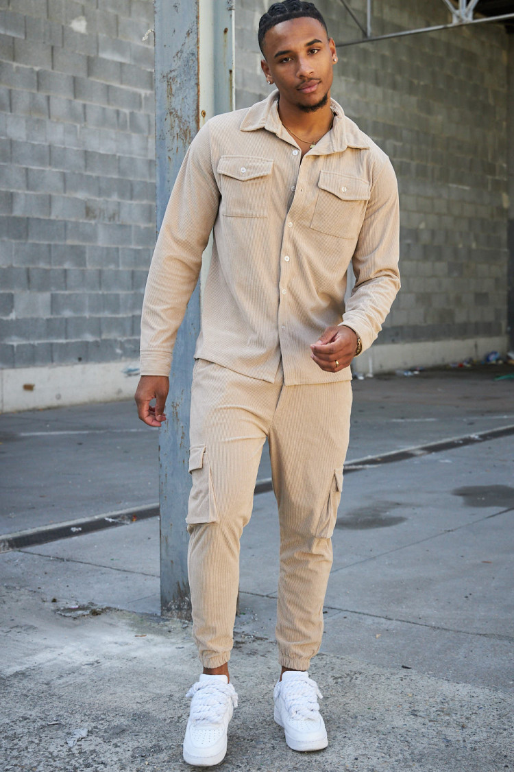 Ensemble 2 pièces chemise + pantalon en velours côtelé beige