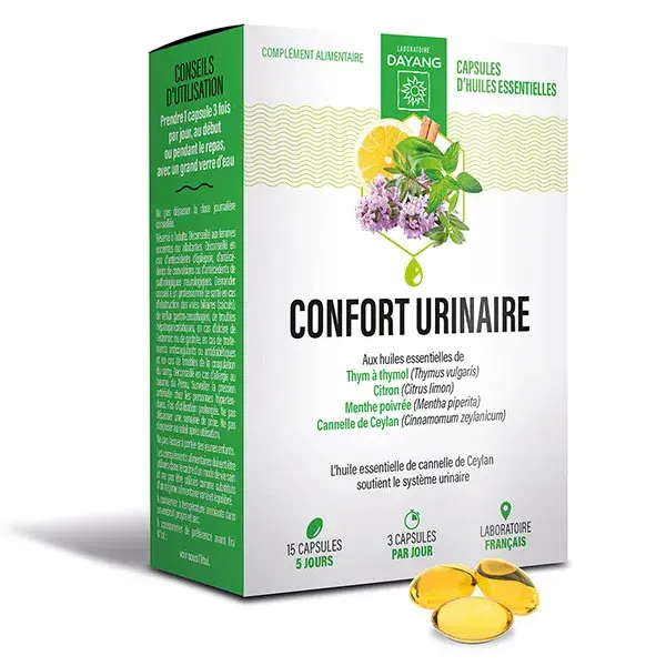 Suplemento alimentar Dayang para conforto urinário com óleos essenciais orgânicos, 15 cápsulas.
