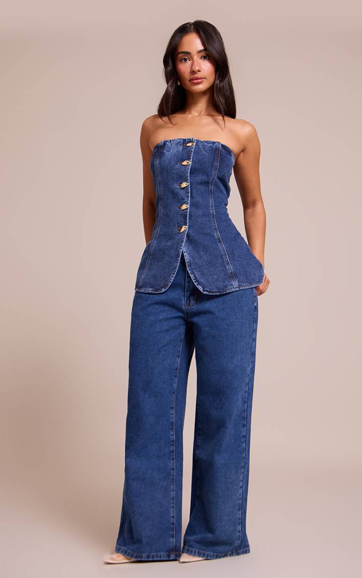 Bleu Délavé Jean En Denim Bleu Délavé Taille Mi-haute Coupe Large Petite