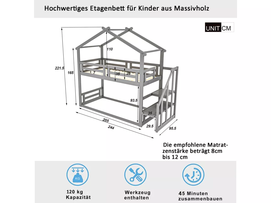 Lit superposé d'enfant 90x200cm - lit cabane avec escalier de sécurité, cadre de lit en bois massif avec sommier à lattes - gris