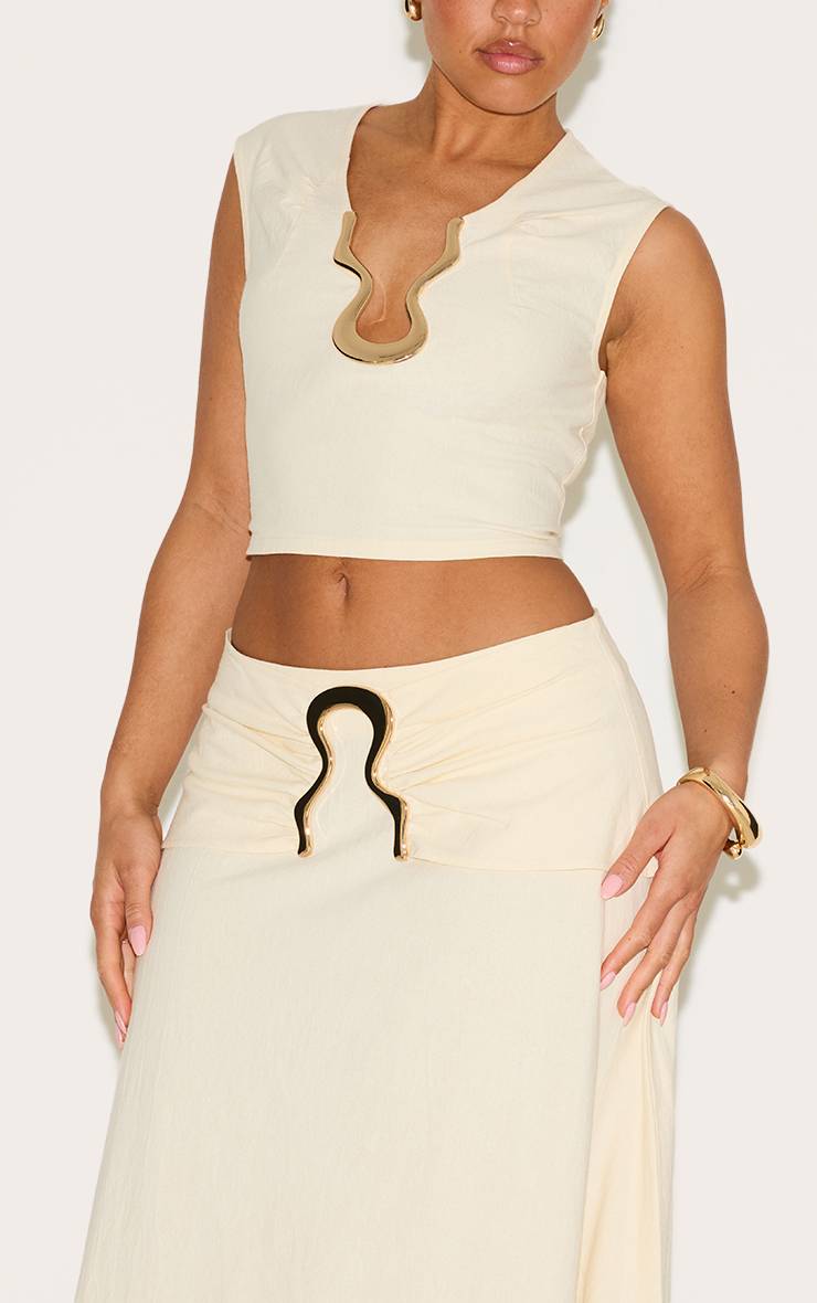 Crème Jupe Longue Shape Aspect Lin Taille Pliée Bordure Ondulée Dorée