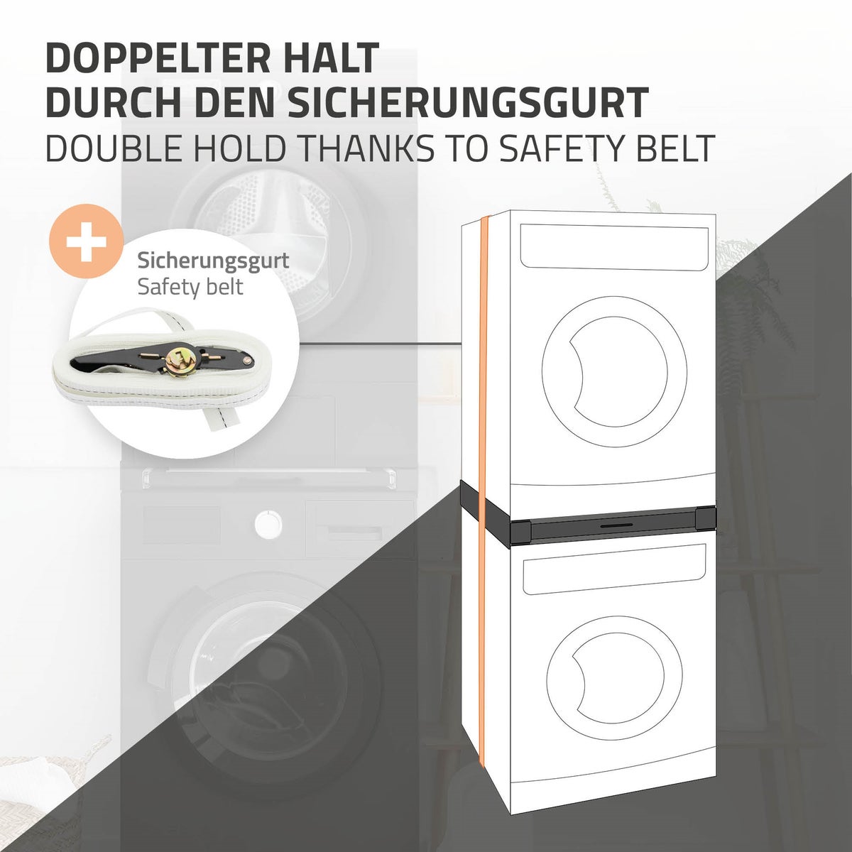 ML-Design Stapelframe met waslijn, staal, 60,5 x 54,5 cm, zwart, verbindingsframe voor wasmachine/droger, stapelkit met uitschuifbare handdoekhouder, drogerkolom, universeel stapelframe