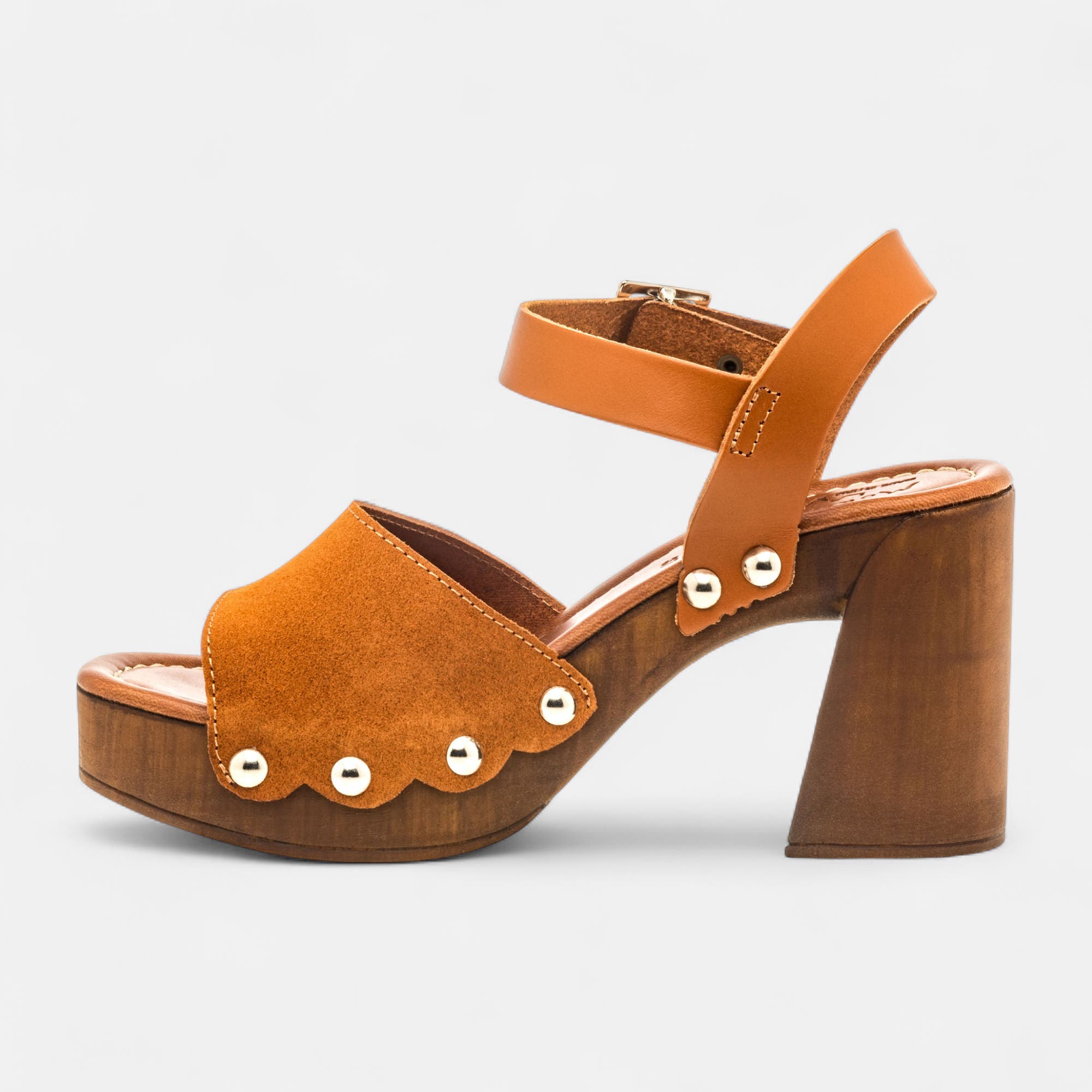 Chaussures semelle bois à talon Femme en cuir camel