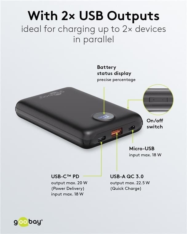 Goobay Powerbank kompakt 10.000 mAh praktisk och platsbesparande design med 10.000 mAh, perfekt för resor
