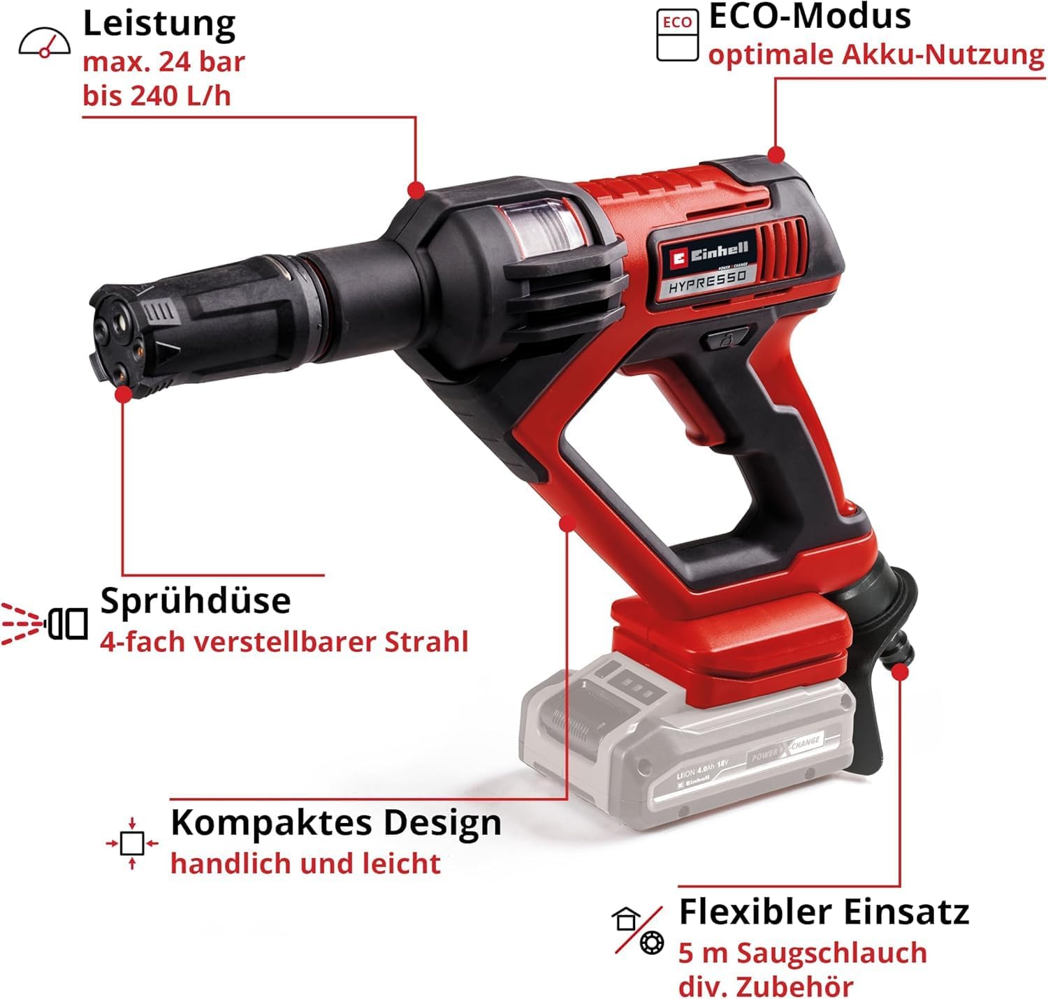 Einhell Akku-Druckreinigerpistole HYPRESSO 18/24-1 Power X-Change (18 V, 24 bar, Mobile Reinigung und Bewässerung, 240 L/h, inkl. Zubehör, ohne Akku & Ladegerät)