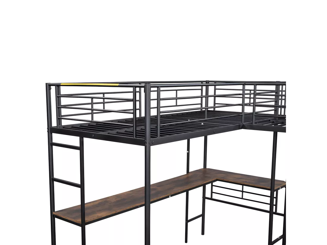 Lit mezzanine - 2 lits 90x200 cm - 2 bureaux sous le lit - Noir