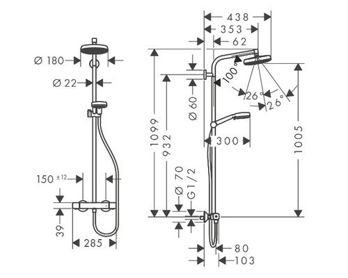 Douchekolom incl. thermostaat hansgrohe Crometta Showerpipe 160 1jet chroom/wit 27264400