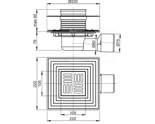 Alcadrain vloerafvoer 105 mm x 105 mm met horizontale uitloop DN 75 mm, rooster van roestvrij staal, afdichtingsflens en manchet van roestvrij staal - 2e afdichting, stankafsluiter met waterslot en klep.