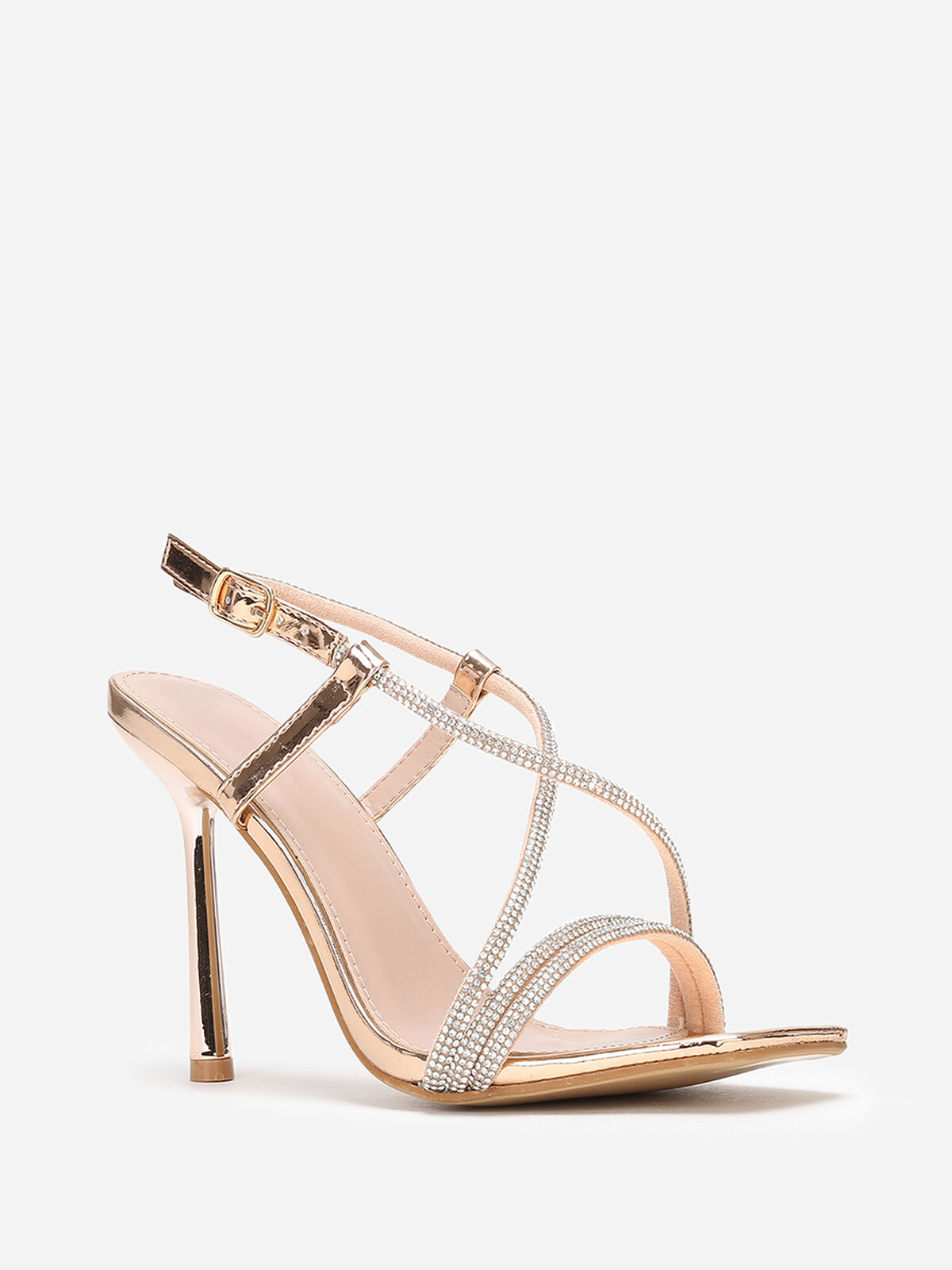 Sandales à talon fin et brides en strass- Doré rose