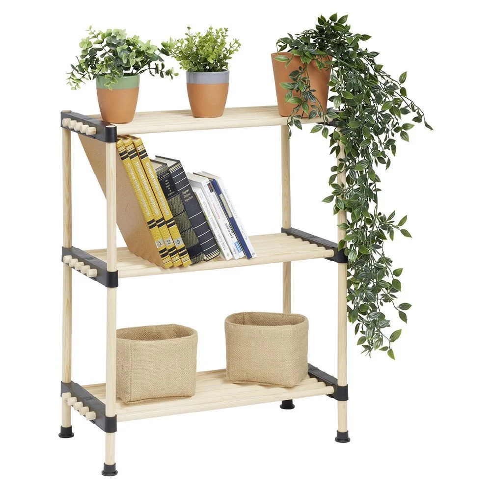 Étagere 3 niveaux bois beige et plastique noir - 40x28xH74,5cm