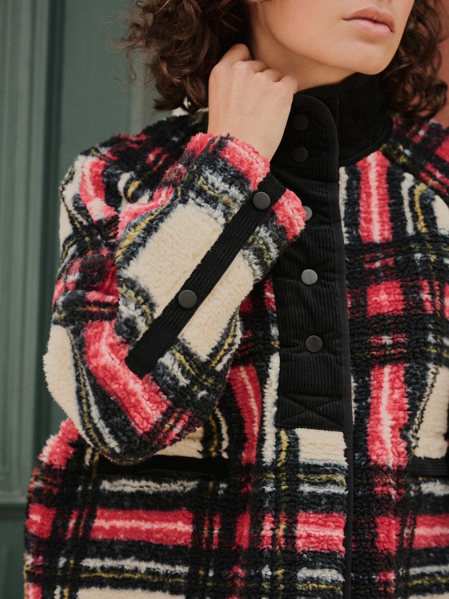 Zwart/Wit/Rood Ruit - Behaaglijke teddy Borg mixgeweven fleece Jack met Knoopsluiting