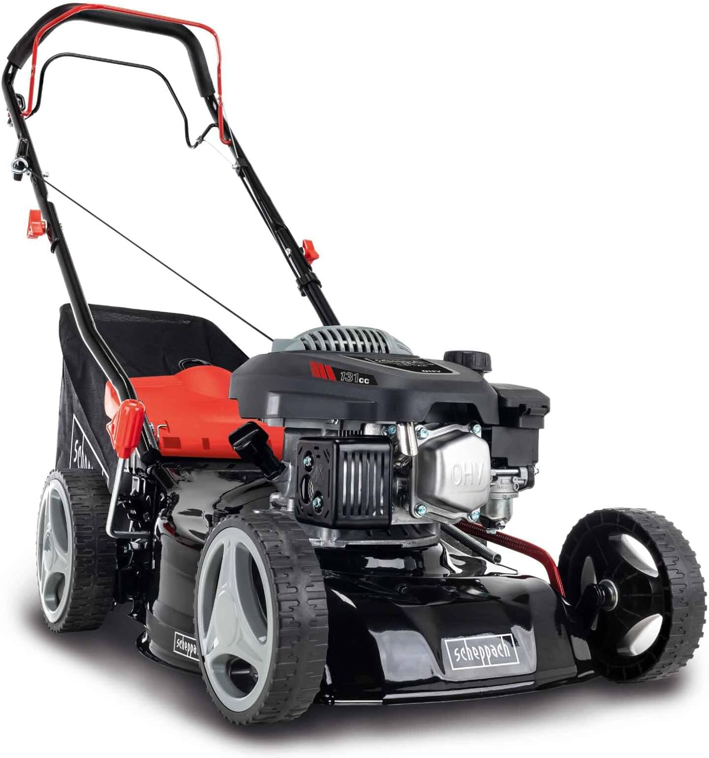 Scheppach Tondeuse à Gazon Thermique MS132-42 |3,4 CV | Largeur de Coupe 42cm | Robuste | Fonction Mulching | Panier de 45L | Réglage de la Hauteur en 7 étapes (25-75mm)