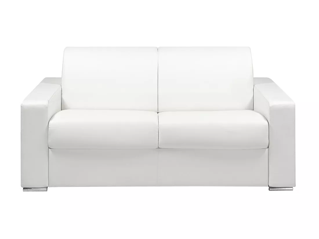 Canapé 2 places convertible express en simili blanc - Couchage lattes larges 120 cm - Matelas 16 cm avec mousse à mémoire de forme CALITO
