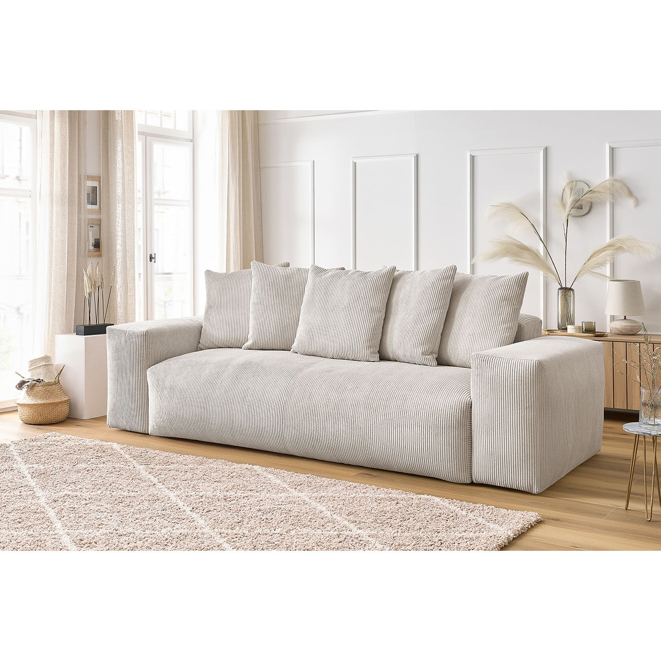 Bobochic Canapé droit fixe 3 places ultra moelleux voltaire velours côtelé beige - 280x124x75 cm